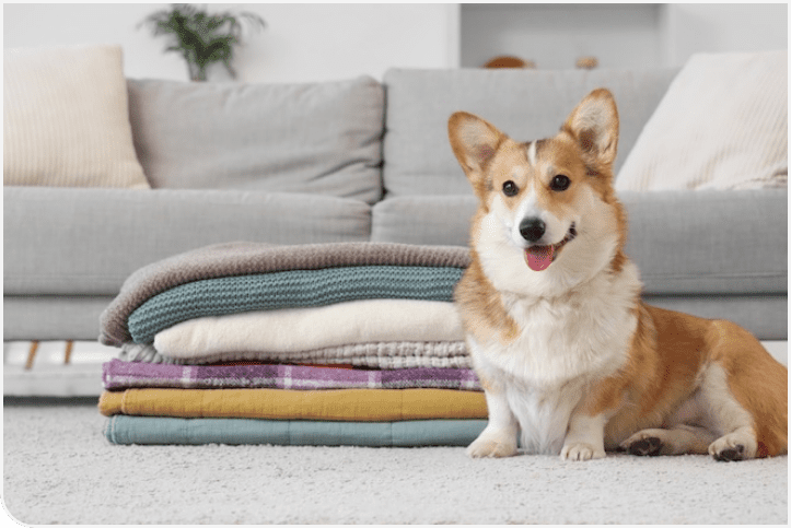 グレーのソファの前に座るコーギー犬が、舌を出して笑顔を見せている